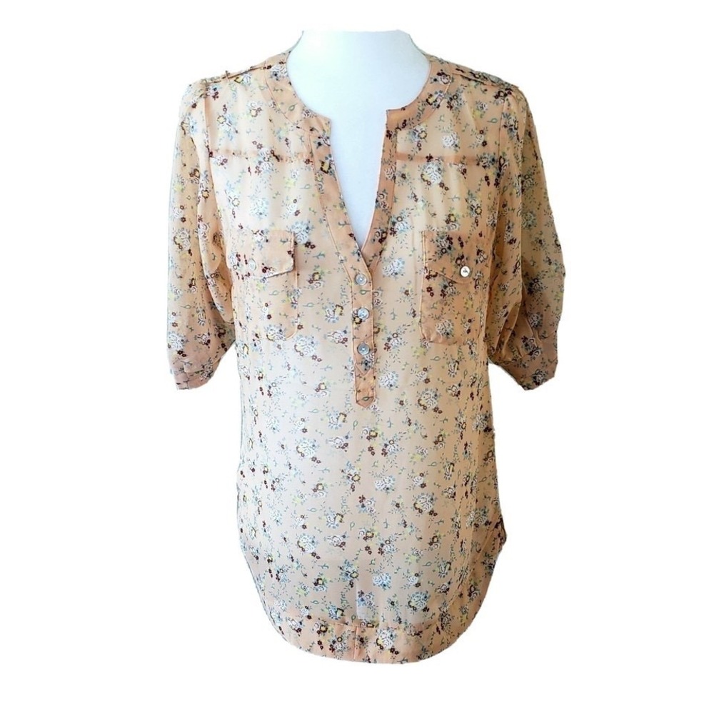 Angie peach floral tunic top women's size small v-neck semi-sheer blouse